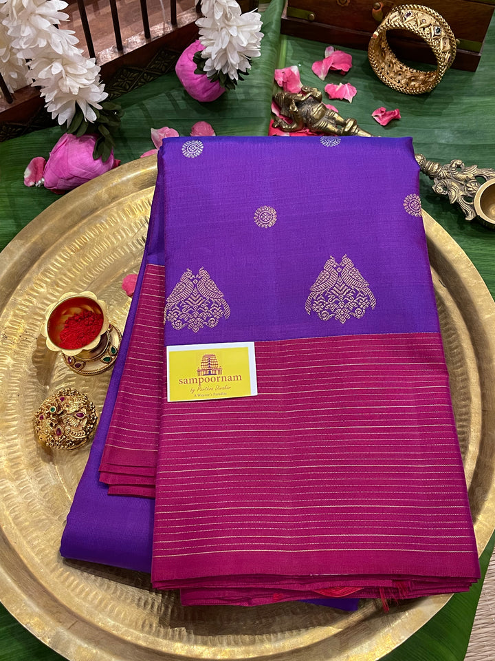 Purple with Maroon Vairaoosi Border , Silver and Gold Body Butta, Retta kili Butta , Rich Pallu - Kanjivaram Pure SIlk Saree