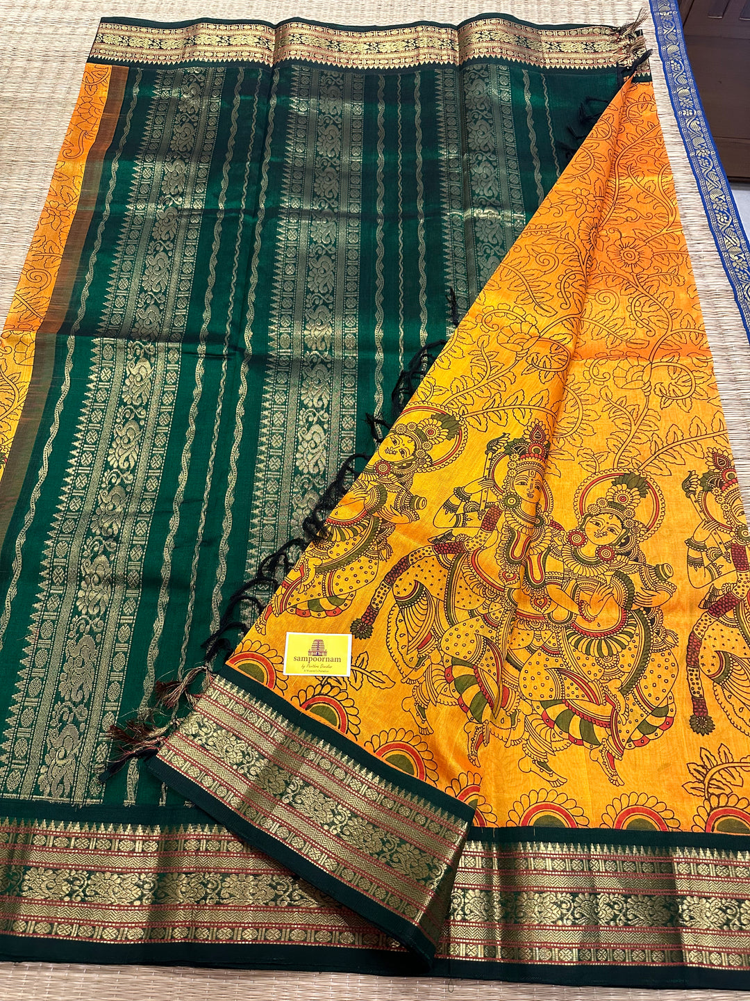 Mambazha Manjal With Green Radha Krishna Printed Korvai Silk Cotton Saree