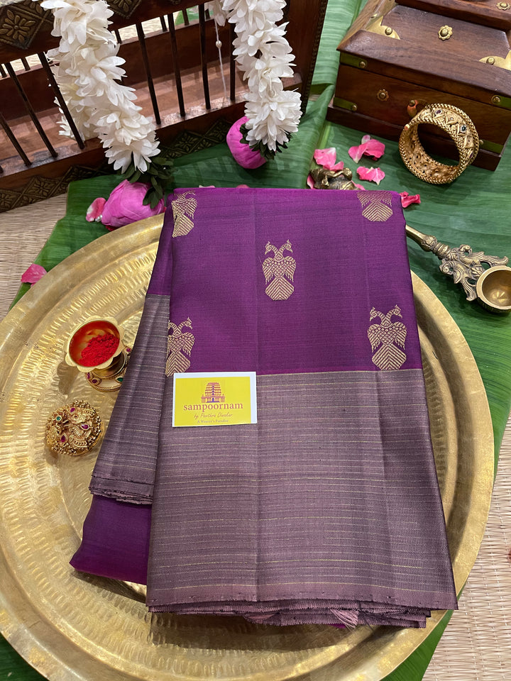 A Stunning Wine with Mauve Colour , Gandaberundu Zari Body Motif Rich Pallu- Kanjivaram Pure Silk Saree