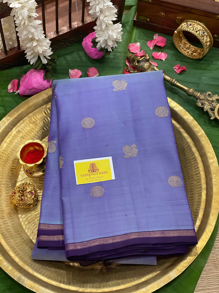 A trendy Lavender with Pink Mayil Chakram Motif with Traditional Kalakshetra Killi Pallu - Kanjivaram Pure Silk Saree