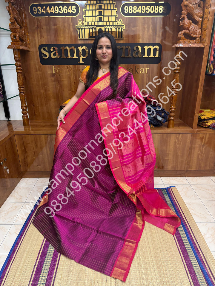 Purple with Pink , Rich  Zari Double Checks in the body and Traditional Border , Grand Pallu Pure Korvai Silk Cotton Saree
