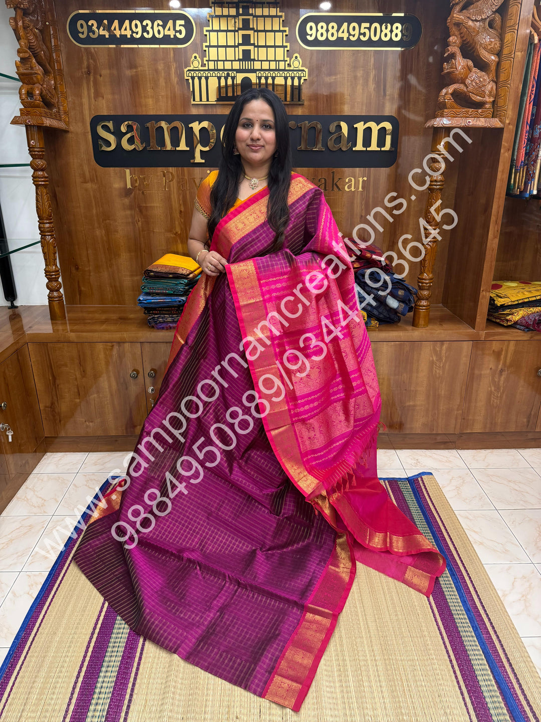 Purple with Pink , Rich  Zari Double Checks in the body and Traditional Border , Grand Pallu Pure Korvai Silk Cotton Saree