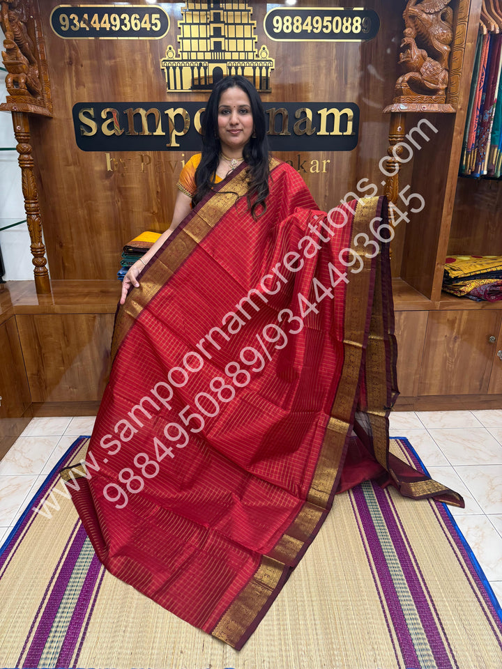 Dark Red with Maroon , Rich Zari Checks in the body and Traditional Border , Grand Pallu Pure Korvai Silk Cotton Saree