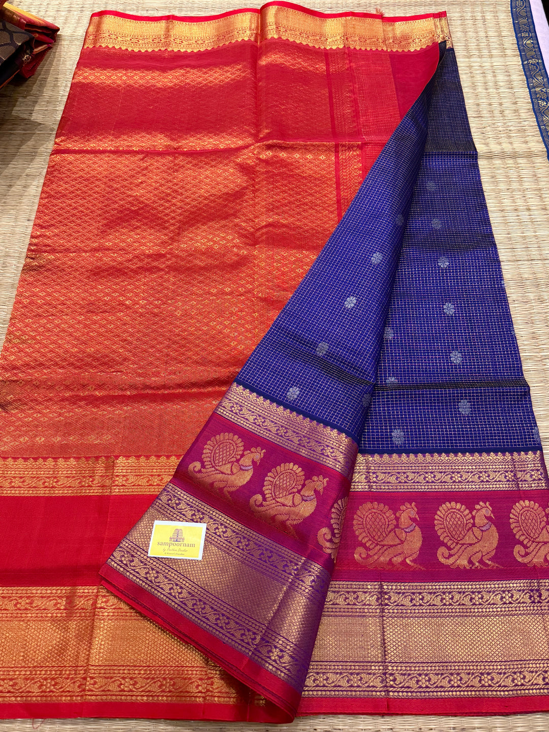 Dark Blue with Red, One Side Big Satin Border with Peacock Motifs, Body Zari Podi Kattam and Silver Floral Zari Butta in the Body and Rich Pallu Korvai Silk Cotton Saree
