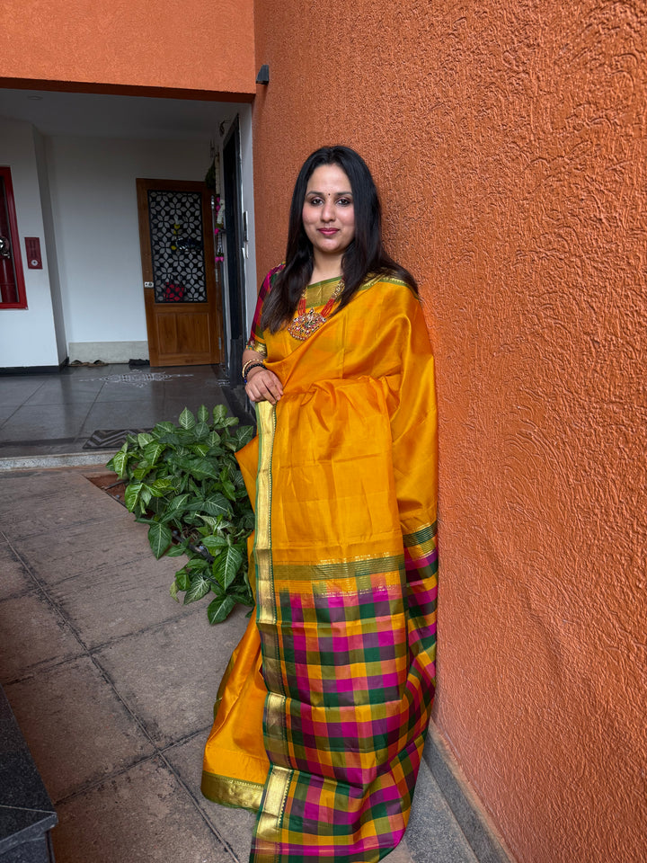 Mambazha Manjal with Pallum Pazham checks in the Pallu and Blouse Pure Kanjivaram Silk Saree