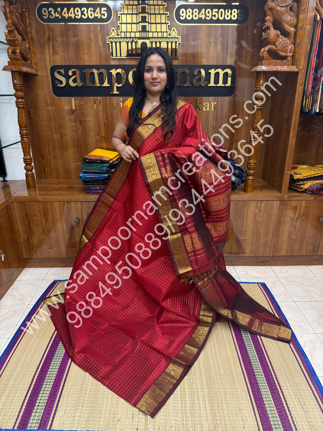 Dark Red with Maroon , Rich Zari Checks in the body and Traditional Border , Grand Pallu Pure Korvai Silk Cotton Saree