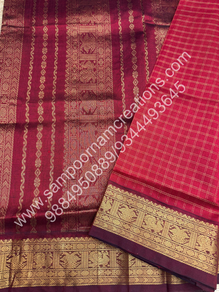 Dark Red with Maroon , Rich Zari Checks in the body and Traditional Border , Grand Pallu Pure Korvai Silk Cotton Saree