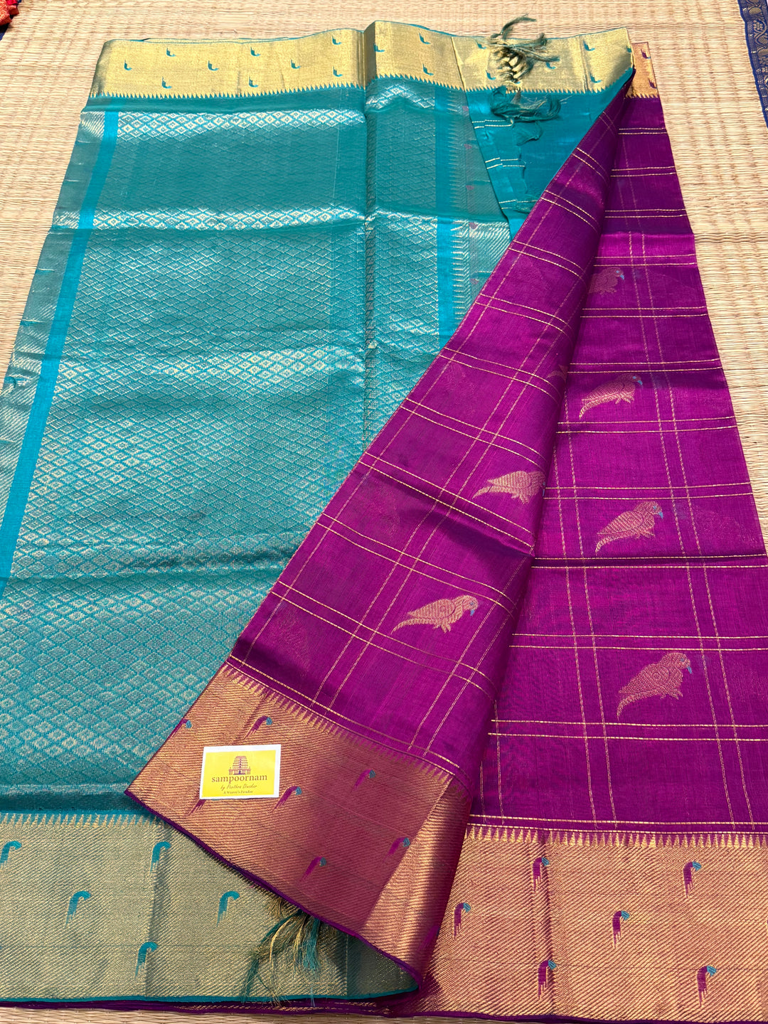 Vadamali Purple with Turquoise Blue , parrot motifs and Zari checks in the body , Rich Pallu and paithani borders pure silk cotton saree