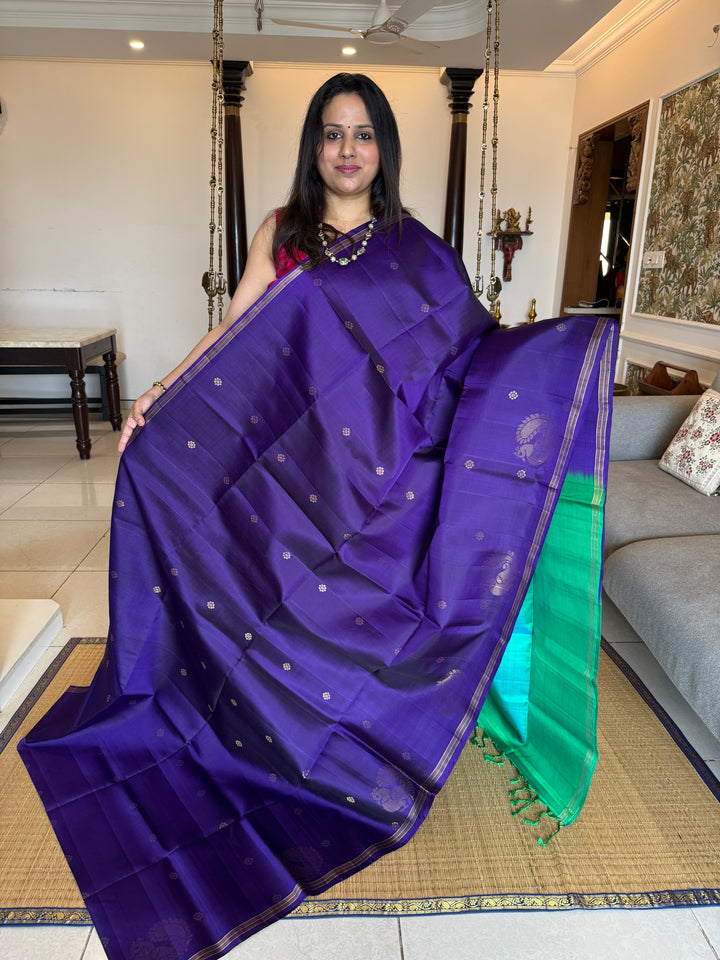 Dark Blue With Turquoise Blue , rich annam butta in the lower border and small zari buttas in the body, rich Pallu Pure Soft Silk Saree