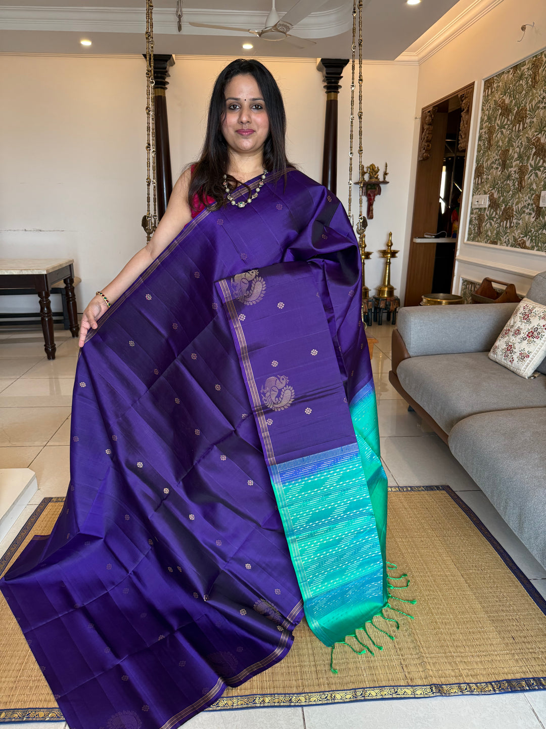 Dark Blue With Turquoise Blue , rich annam butta in the lower border and small zari buttas in the body, rich Pallu Pure Soft Silk Saree