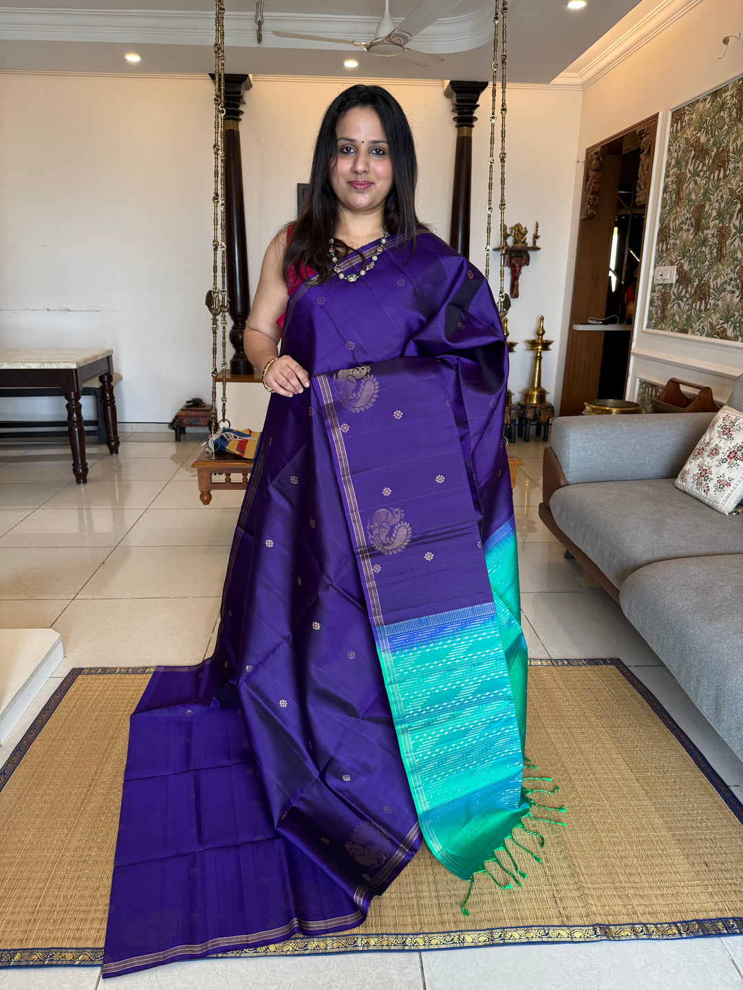 Dark Blue With Turquoise Blue , rich annam butta in the lower border and small zari buttas in the body, rich Pallu Pure Soft Silk Saree
