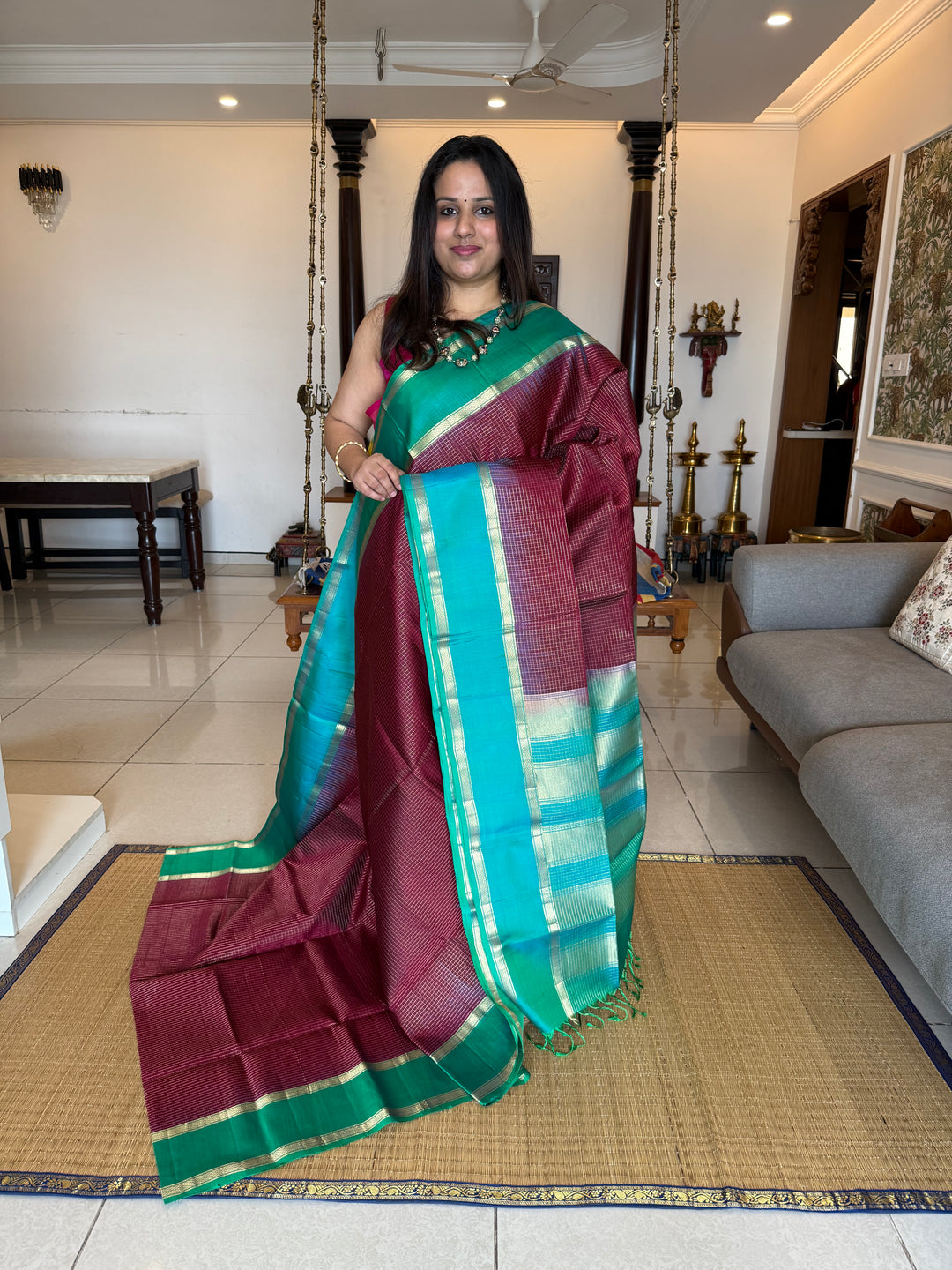 Dark Jamun  With Turquoise Blue ,rich zari podi kattam in the body,traditional rettapet borders and rich Pallu Pure Soft Silk Saree