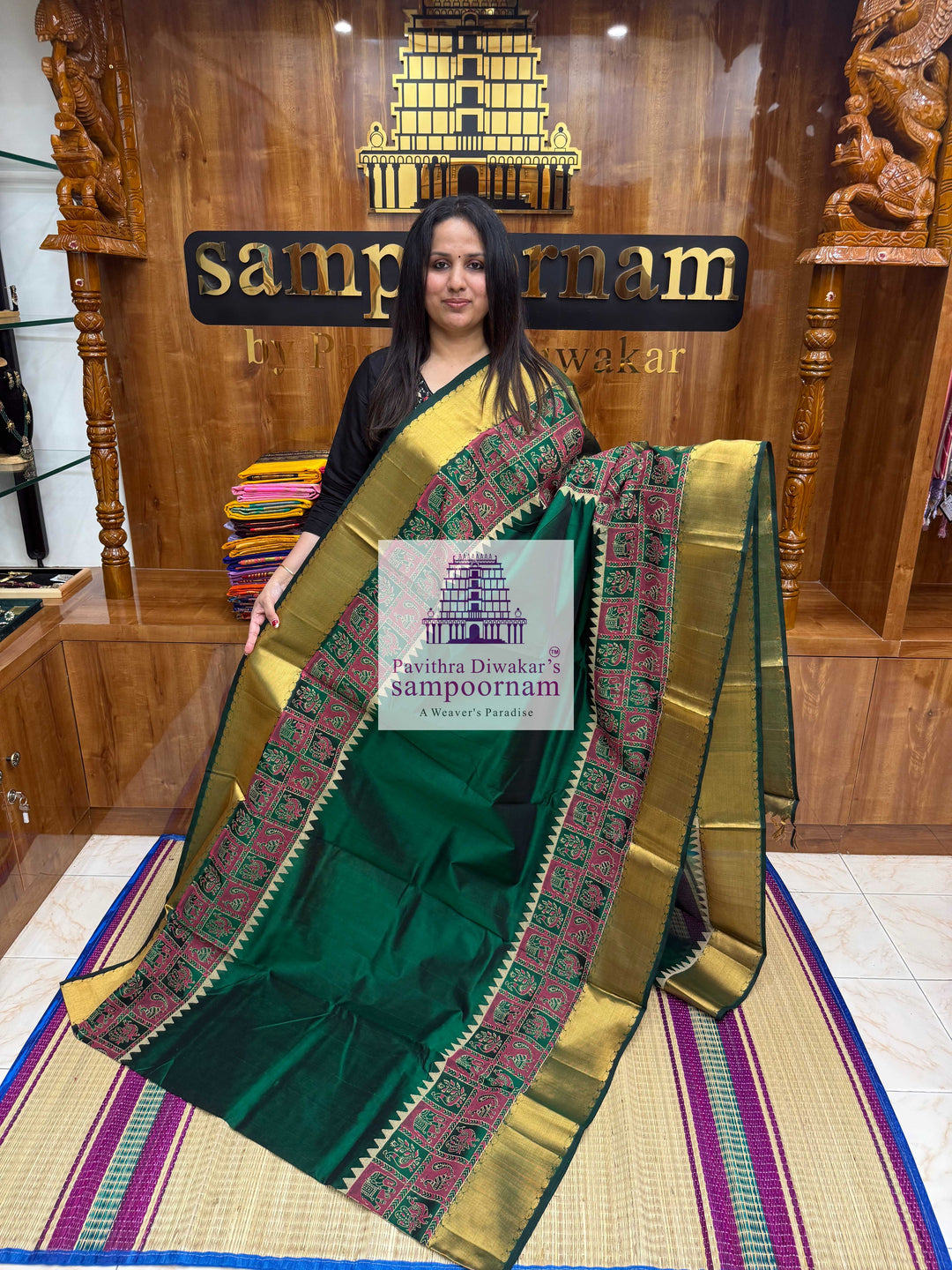Dark Green , Annam and Elephant Handblock print and Tissue borders , Rich Pallu Handblock printed Silk Cotton Saree
