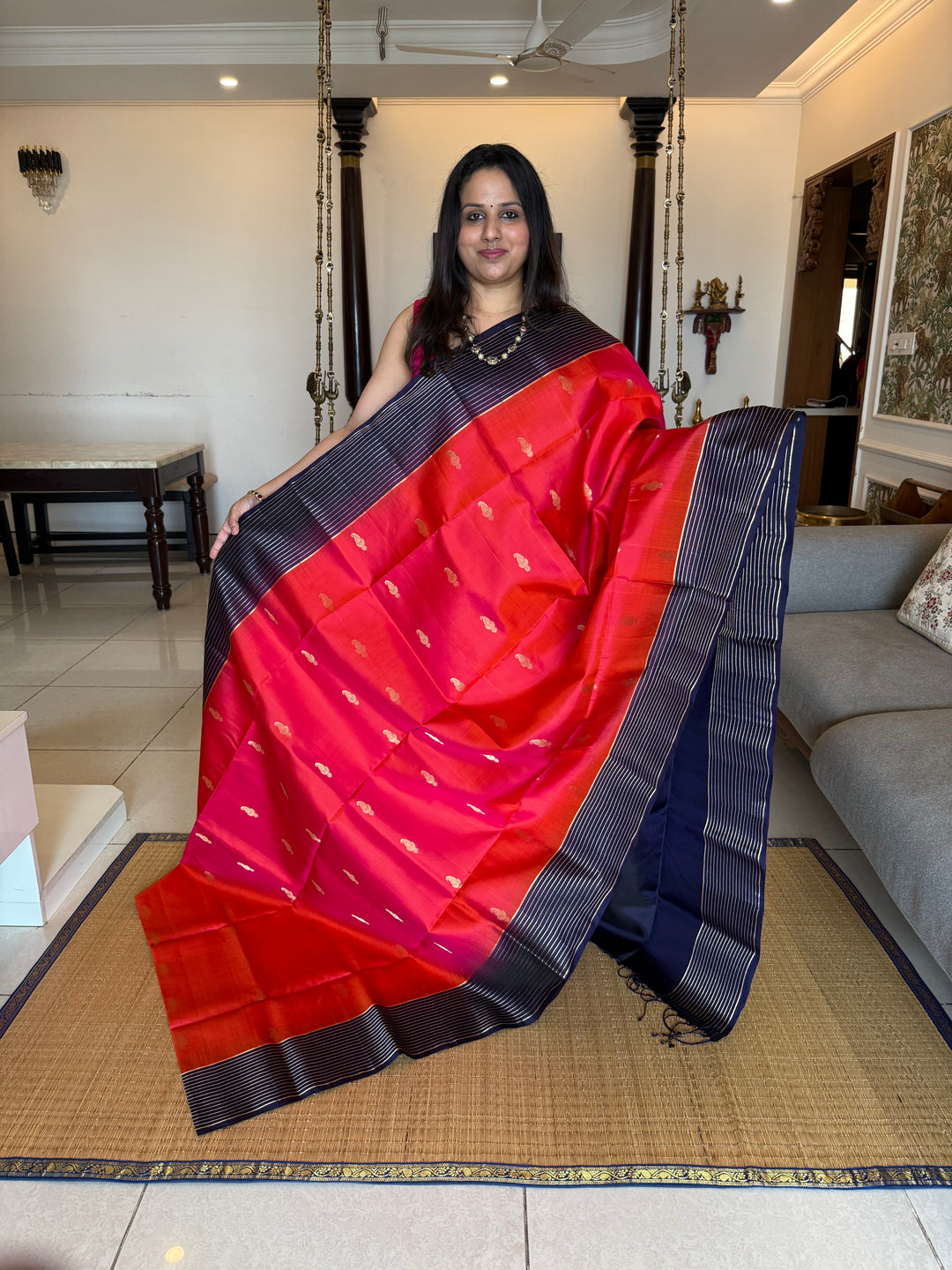 Deep Red With Dark Blue,vairaoosi lines in the borders, rich mango zari butta in the body and grand Pallu Pure Soft Silk Saree