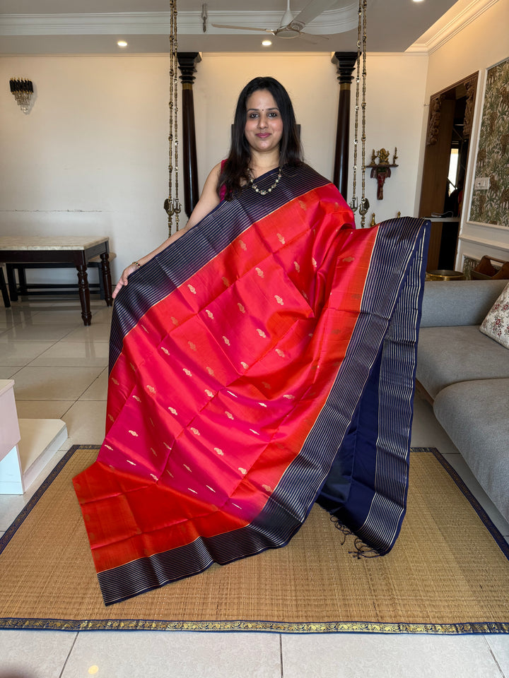 Deep Red With Dark Blue,vairaoosi lines in the borders, rich mango zari butta in the body and grand Pallu Pure Soft Silk Saree