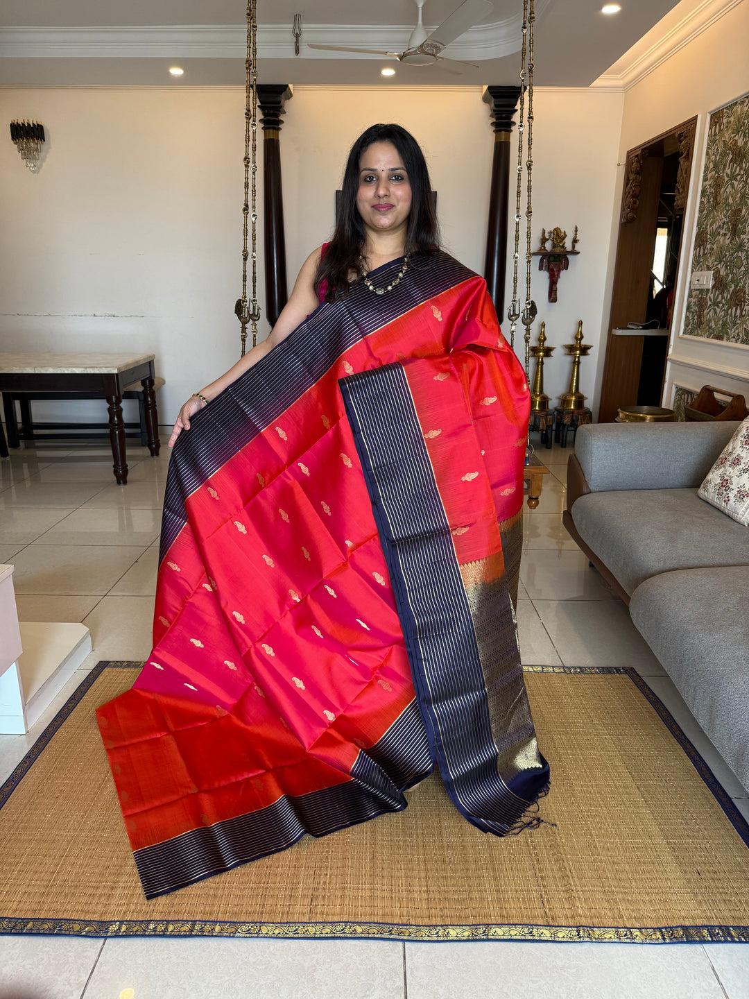 Deep Red With Dark Blue,vairaoosi lines in the borders, rich mango zari butta in the body and grand Pallu Pure Soft Silk Saree