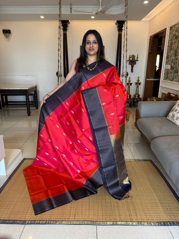 Deep Red With Dark Blue,vairaoosi lines in the borders, rich mango zari butta in the body and grand Pallu Pure Soft Silk Saree