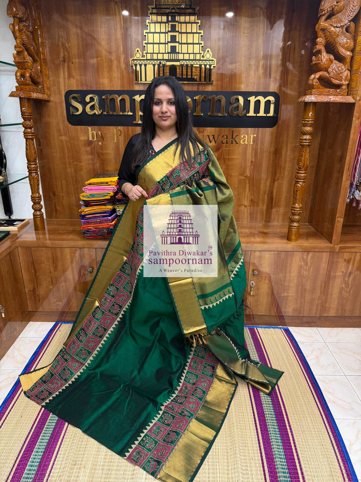 Dark Green , Annam and Elephant Handblock print and Tissue borders , Rich Pallu Handblock printed Silk Cotton Saree