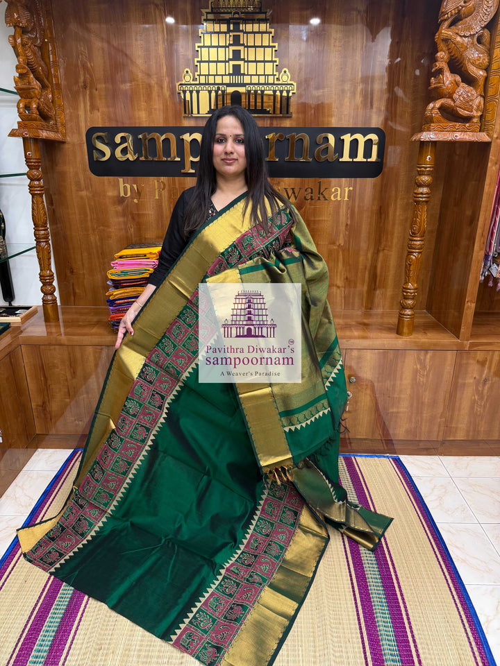 Dark Green , Annam and Elephant Handblock print and Tissue borders , Rich Pallu Handblock printed Silk Cotton Saree