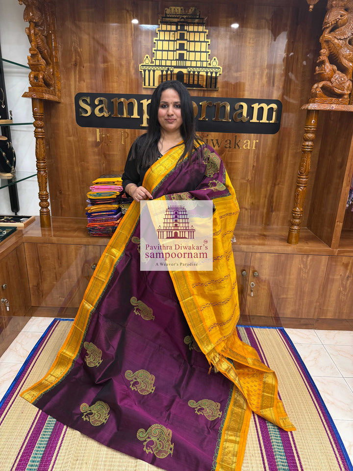 Araku with Mustard , Annam Handblock printed Korvai Silk Cotton Saree