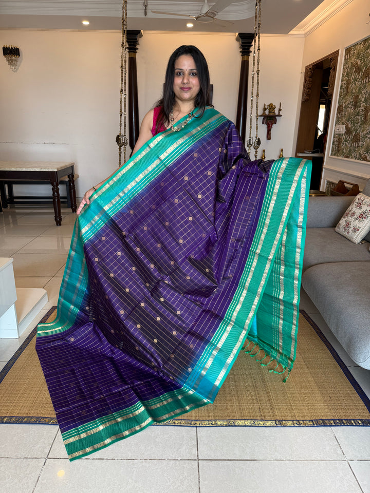 Dark Blue with Light Blue, rich zari butta with zari checks all over the body, Rettapet traditional borders and rich Pallu Pure Soft Silk Saree