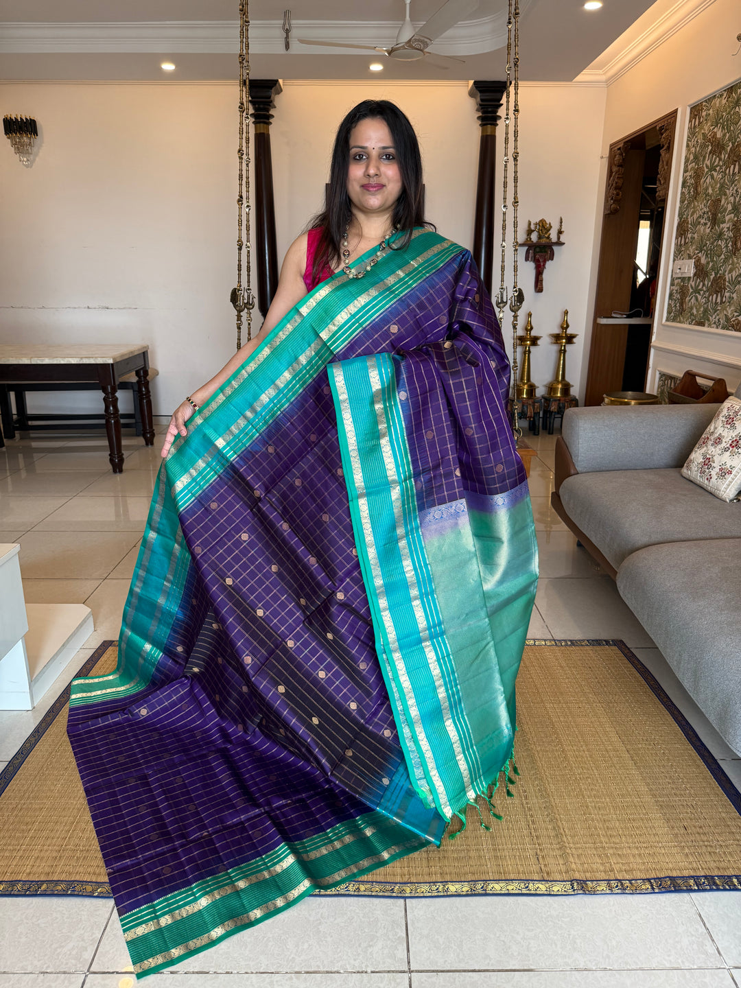Dark Blue with Light Blue, rich zari butta with zari checks all over the body, Rettapet traditional borders and rich Pallu Pure Soft Silk Saree