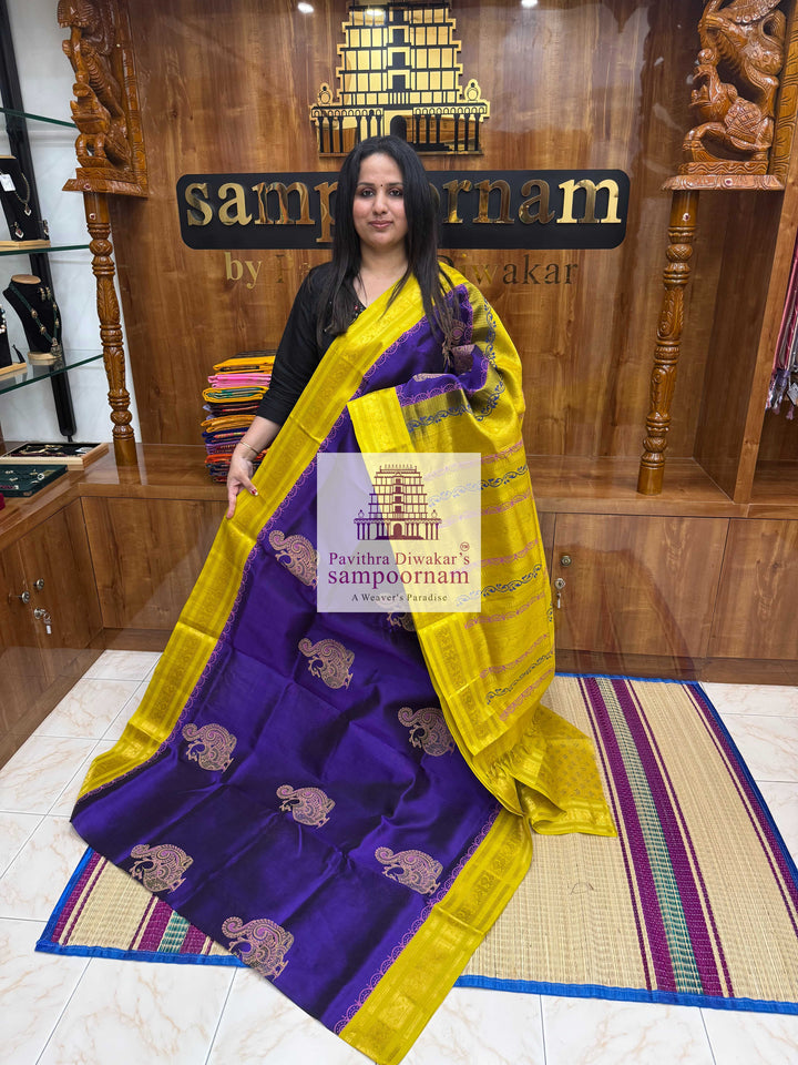 Purple with Lemon Green , Annam Handblock printed Korvai Silk Cotton Saree