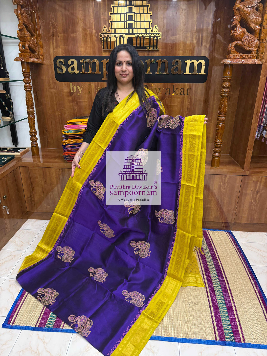 Purple with Lemon Green , Annam Handblock printed Korvai Silk Cotton Saree