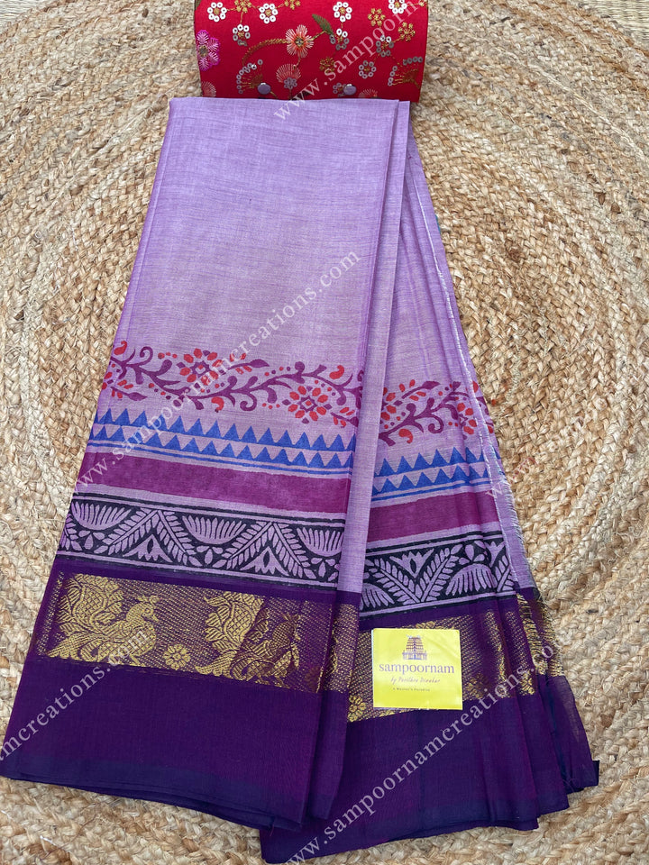 Purple with Dark Purple , Handblock print in the borders and Pallu , Chettinad Cotton Saree