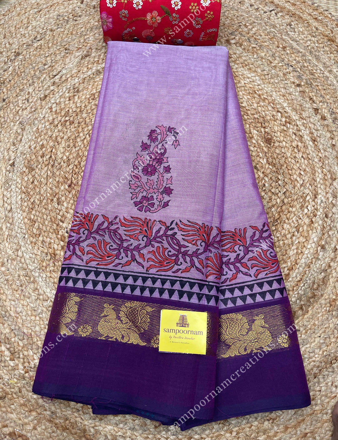 Purple with Dark Purple , Mango Motifs and , Handblock print in the borders and Pallu , Chettinad Cotton Saree