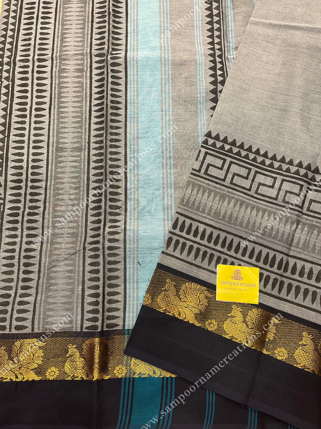 Grey with Black , Handblock print in the borders and Pallu , Chettinad Cotton Saree