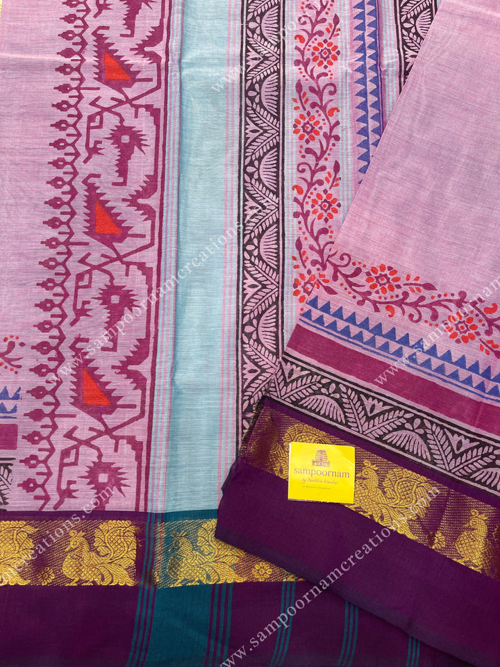Purple with Dark Purple , Handblock print in the borders and Pallu , Chettinad Cotton Saree