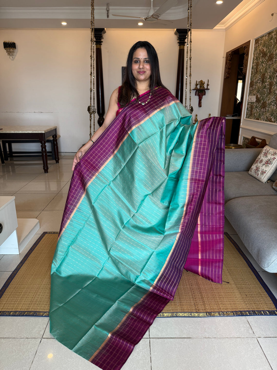 Light Rama Blue with Purple , rich zari vertical line all over the body , traditional checks border and grand Pallu Pure Soft Silk Saree