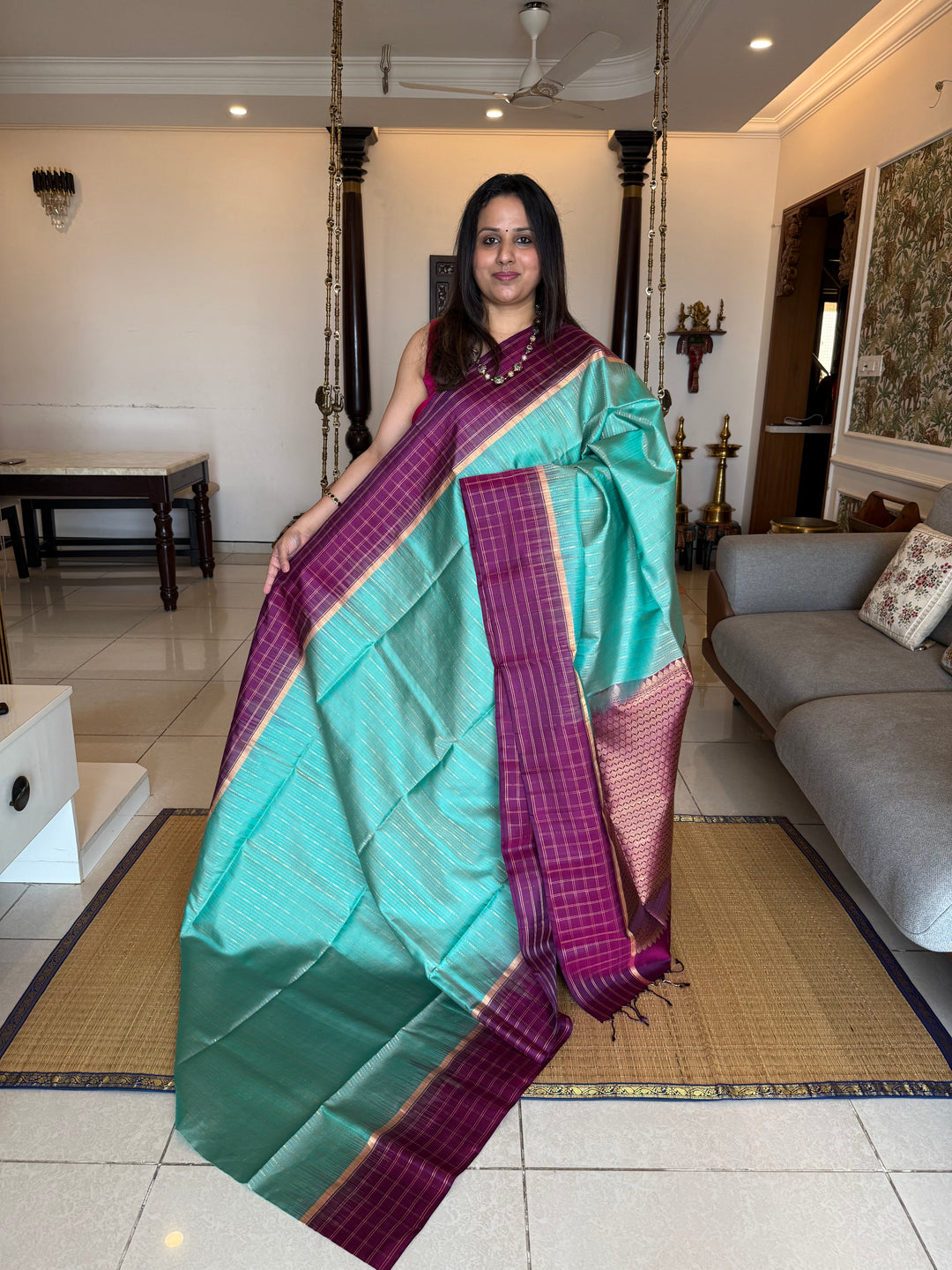 Light Rama Blue with Purple , rich zari vertical line all over the body , traditional checks border and grand Pallu Pure Soft Silk Saree