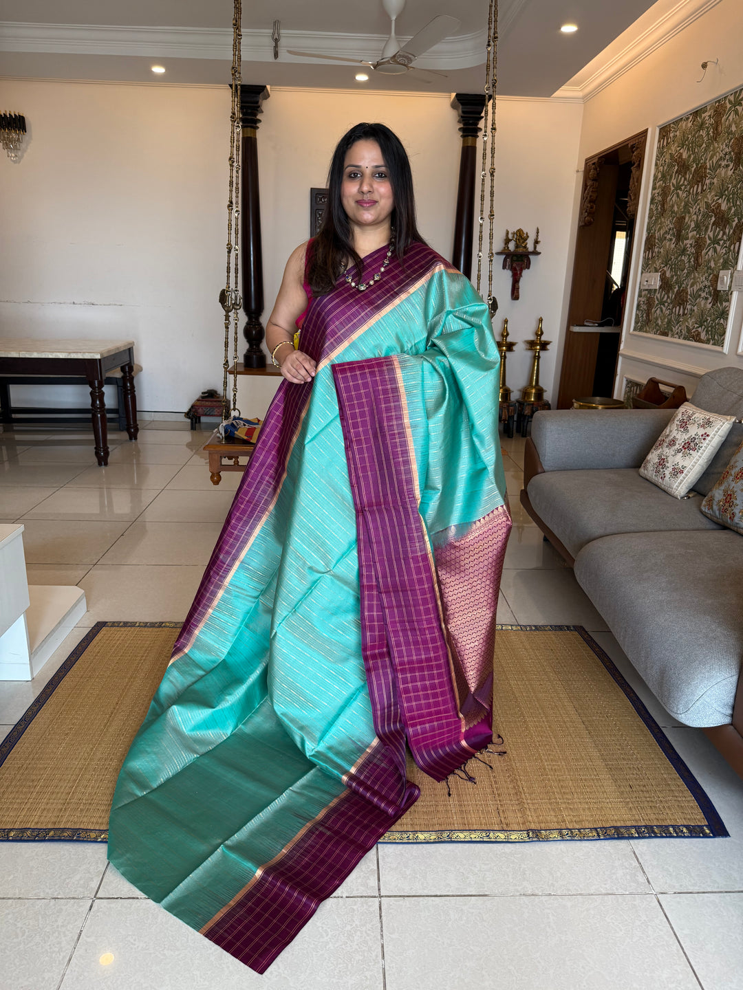 Light Rama Blue with Purple , rich zari vertical line all over the body , traditional checks border and grand Pallu Pure Soft Silk Saree