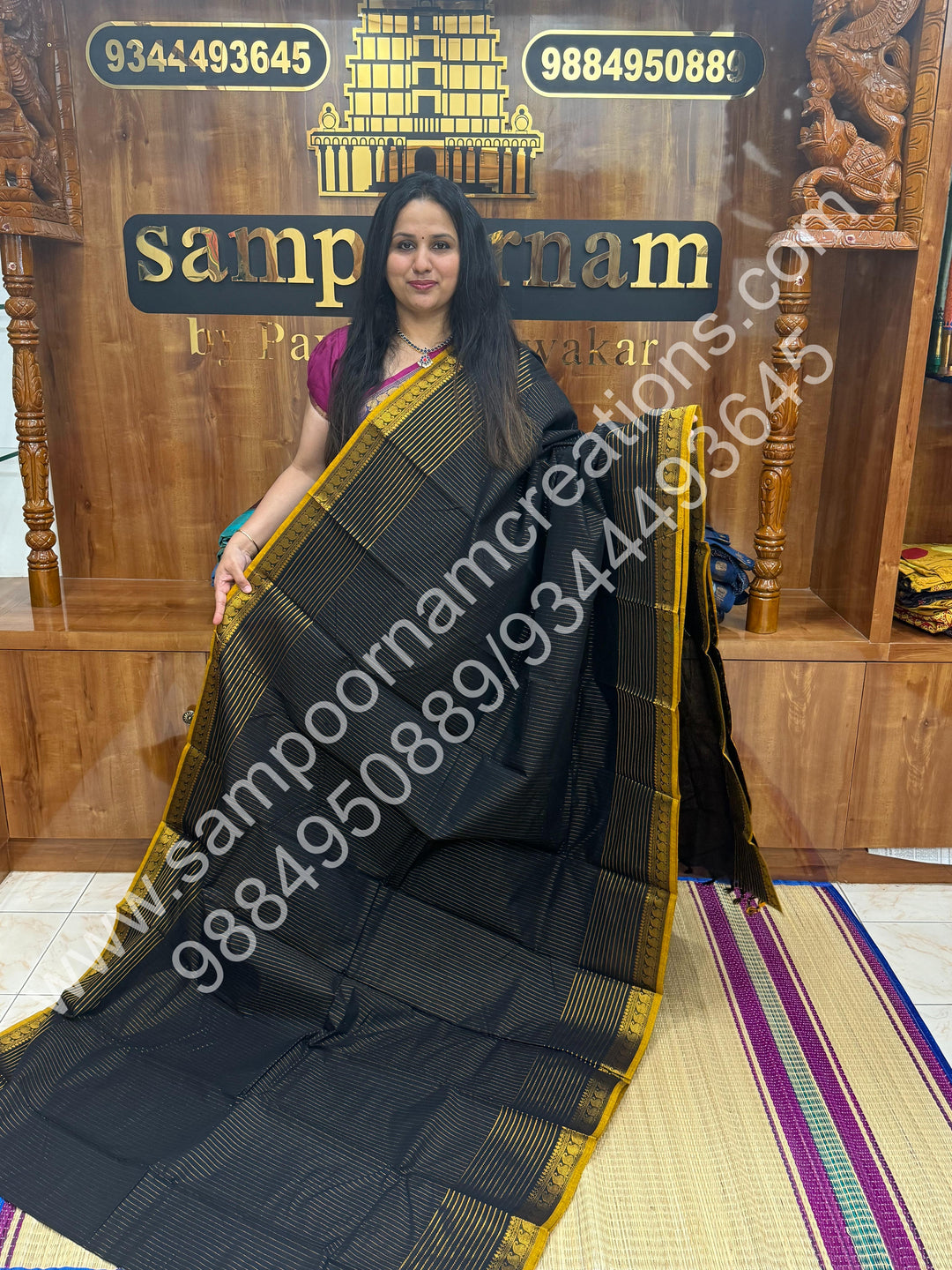 Elegant Black with Mustard Selvedge , Rich Vertical and Horizantal  Zari Lines in the body , Mango Zari border with rich Pallu Chettinaad Cotton Saree