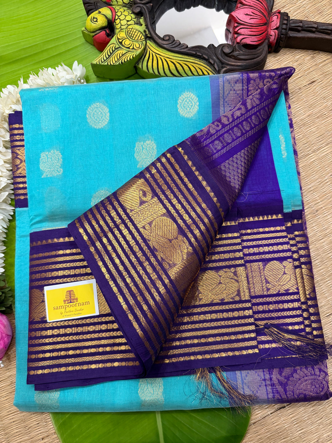 Light Blue with Dark Blue ,Kanchi Rich Border with Annam and Chakram Rich Butta in the Body and Grand Pallu Korvai Silk Cotton Saree