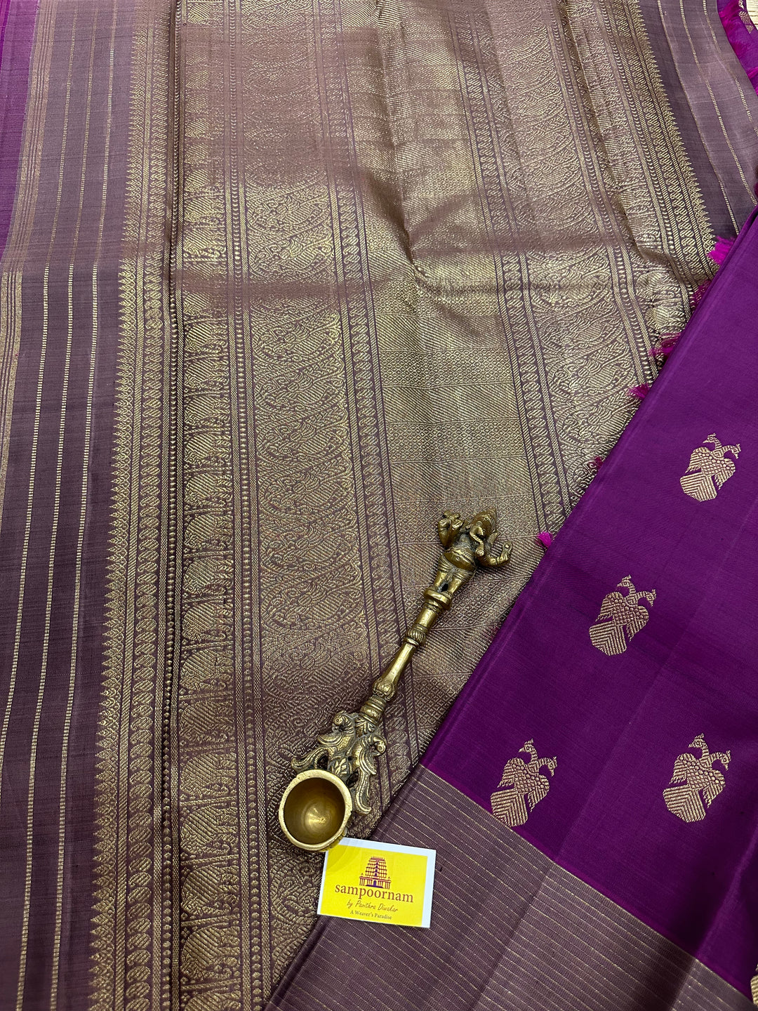 A Stunning Wine with Mauve Colour , Gandaberundu Zari Body Motif Rich Pallu- Kanjivaram Pure Silk Saree