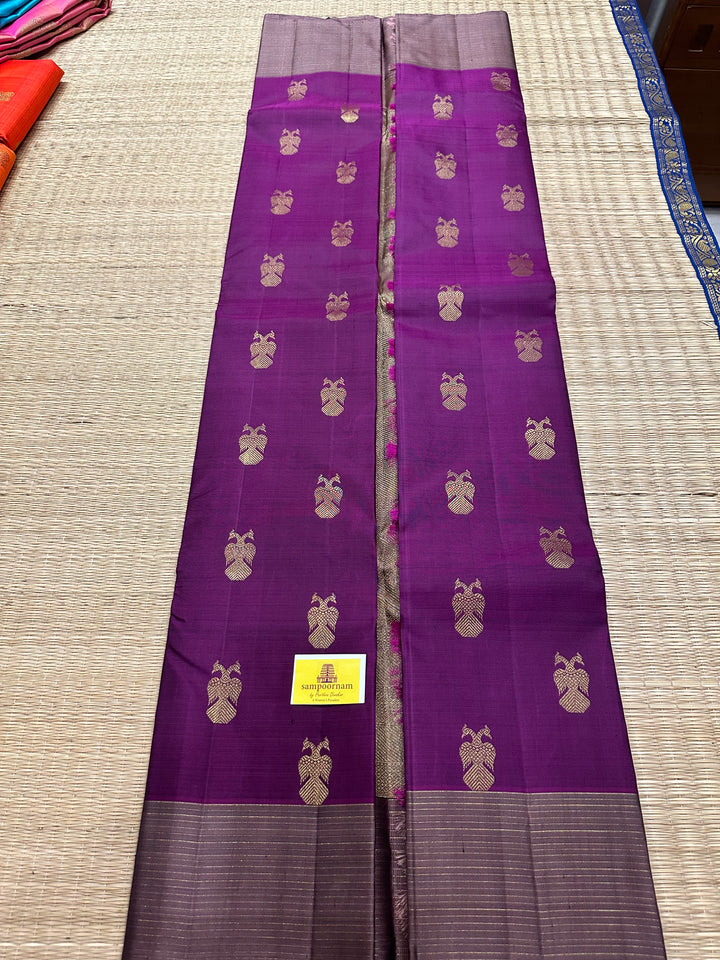 A Stunning Wine with Mauve Colour , Gandaberundu Zari Body Motif Rich Pallu- Kanjivaram Pure Silk Saree