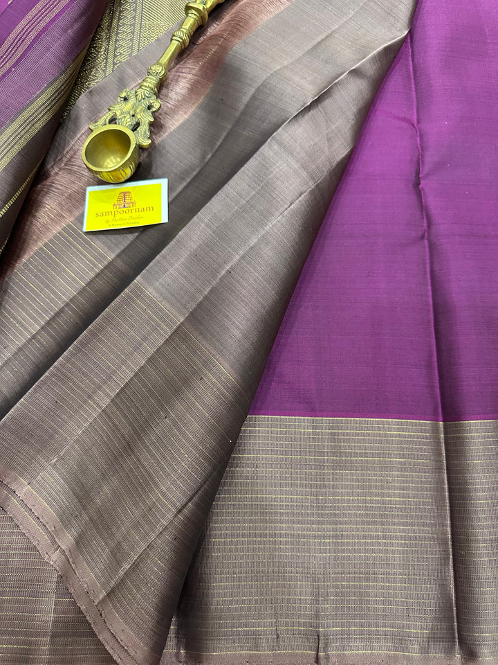 A Stunning Wine with Mauve Colour , Gandaberundu Zari Body Motif Rich Pallu- Kanjivaram Pure Silk Saree