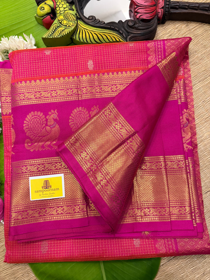 Dark Pink with Pink, One Side Big Satin Border with Peacock Motifs, Body Zari Podi Kattam and Silver Floral Zari Butta in the Body and Rich Pallu Korvai Silk Cotton Saree