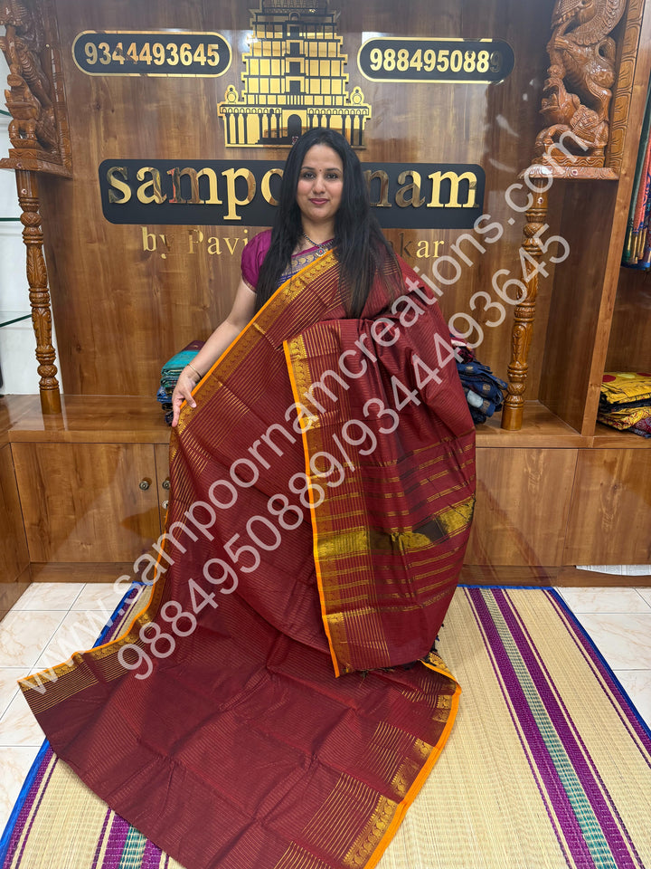 Dark Red with Mustard Selvedge  , Rich Vertical and Horizontal  Zari Lines in the body , Mango Zari border with rich Pallu Chettinaad Cotton Saree