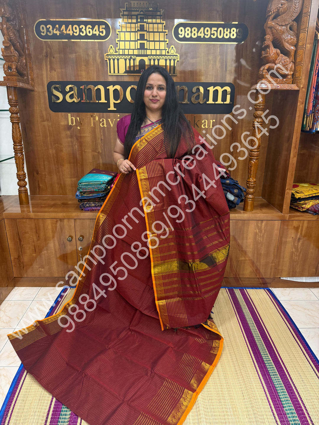 Dark Red with Mustard Selvedge  , Rich Vertical and Horizontal  Zari Lines in the body , Mango Zari border with rich Pallu Chettinaad Cotton Saree