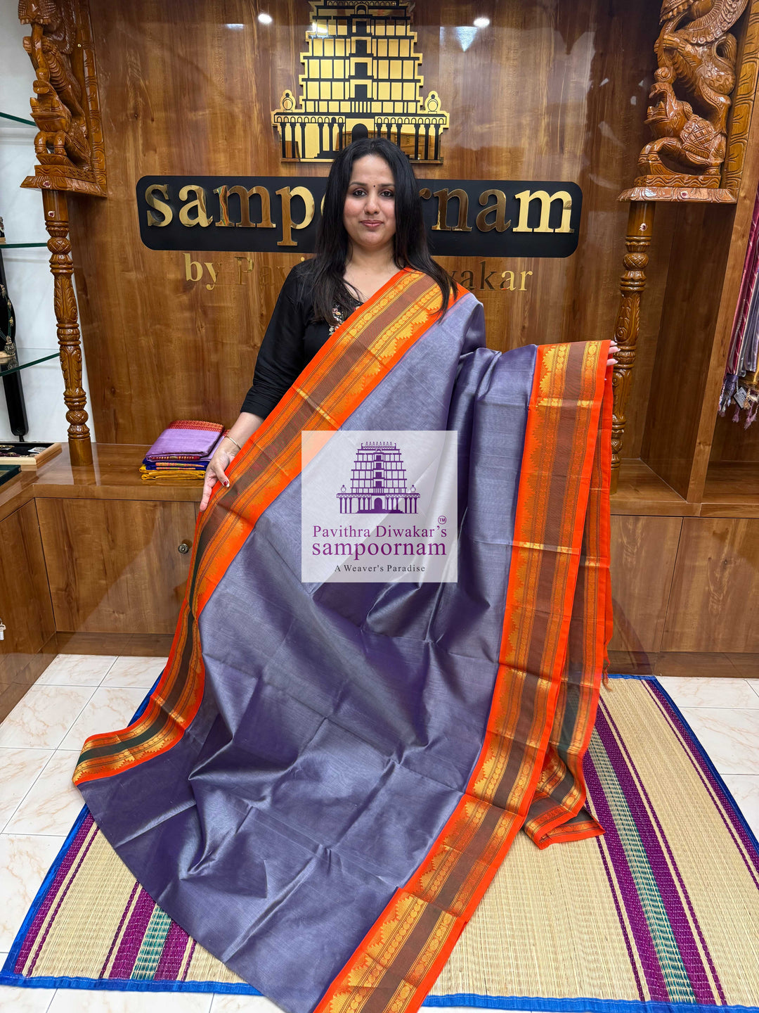 Dark Grey with Orange , Rettapet Temple border and  , Grand Pallu Korvai Silk Cotton Saree