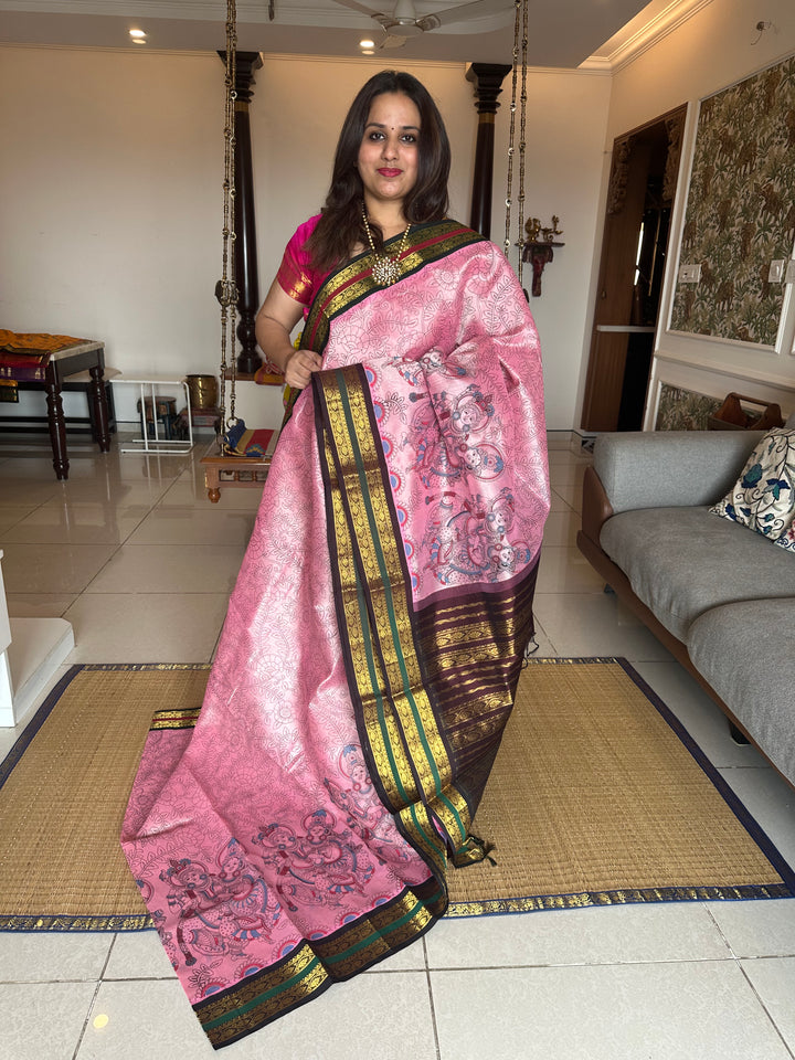 Onion Pink with Ganga Jamuna Border Brown/Green Krishna Radha Printed Korvai Silk Cotton Saree