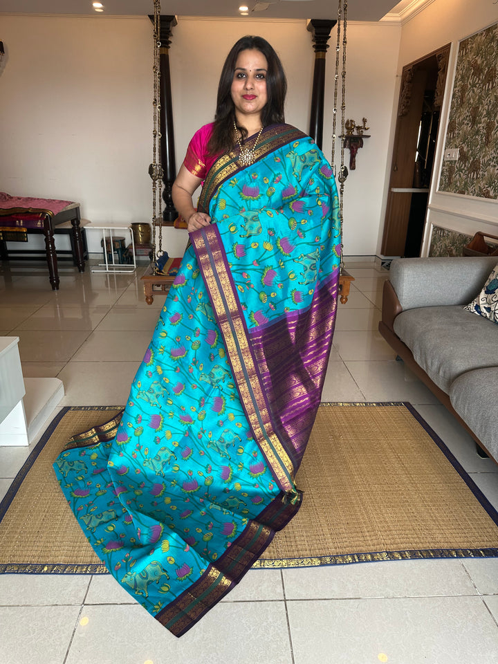 Ramar Blue with Purple Pichwai Printed Korvai Silk Cotton Saree