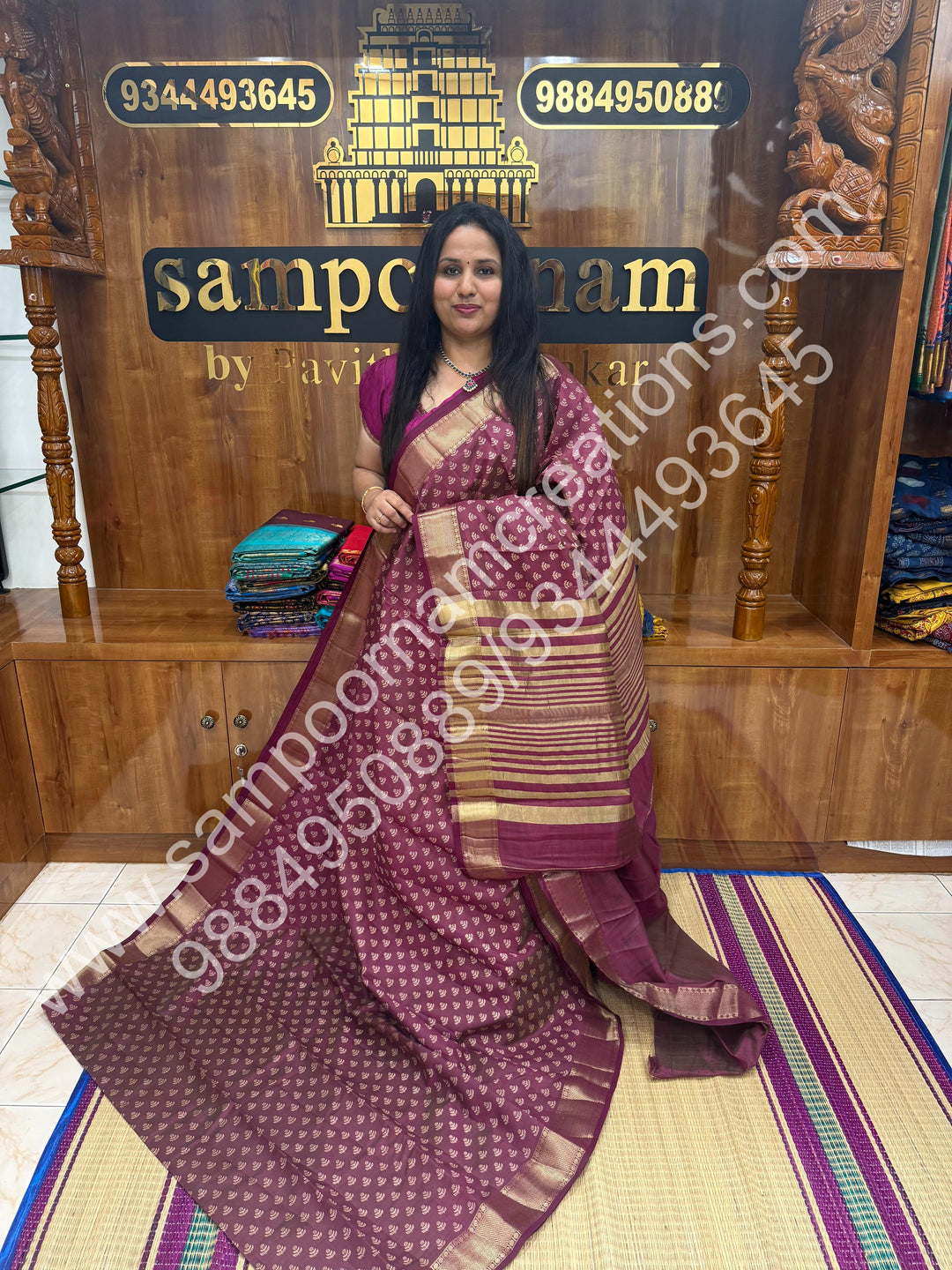 Maroon , Floral Prints in the body .Tissue Pallu and Printed Blouse Semi Tussar Saree
