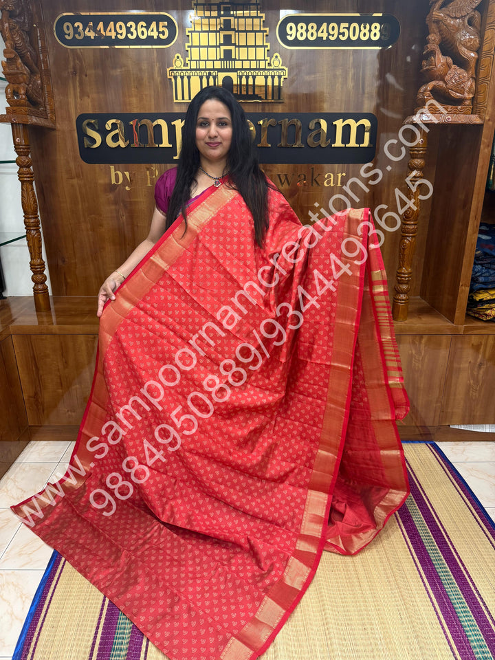 Peach , Floral Prints in the body .Tissue Pallu and Printed Blouse Semi Tussar Saree