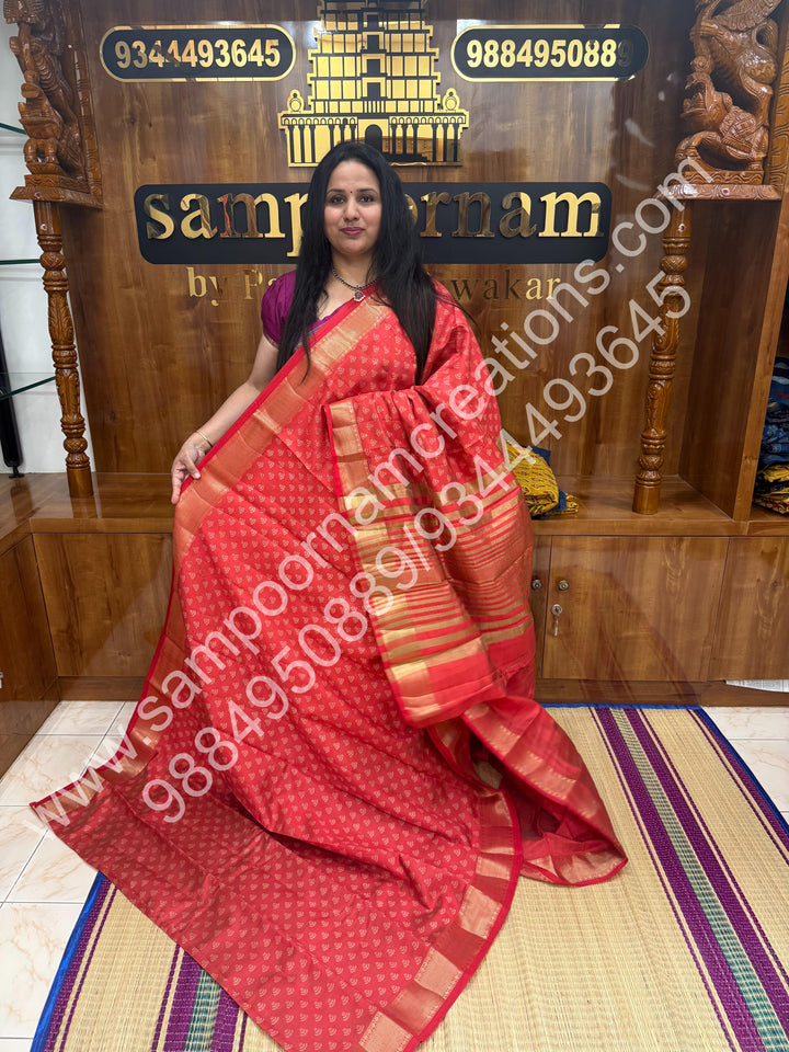 Peach , Floral Prints in the body .Tissue Pallu and Printed Blouse Semi Tussar Saree