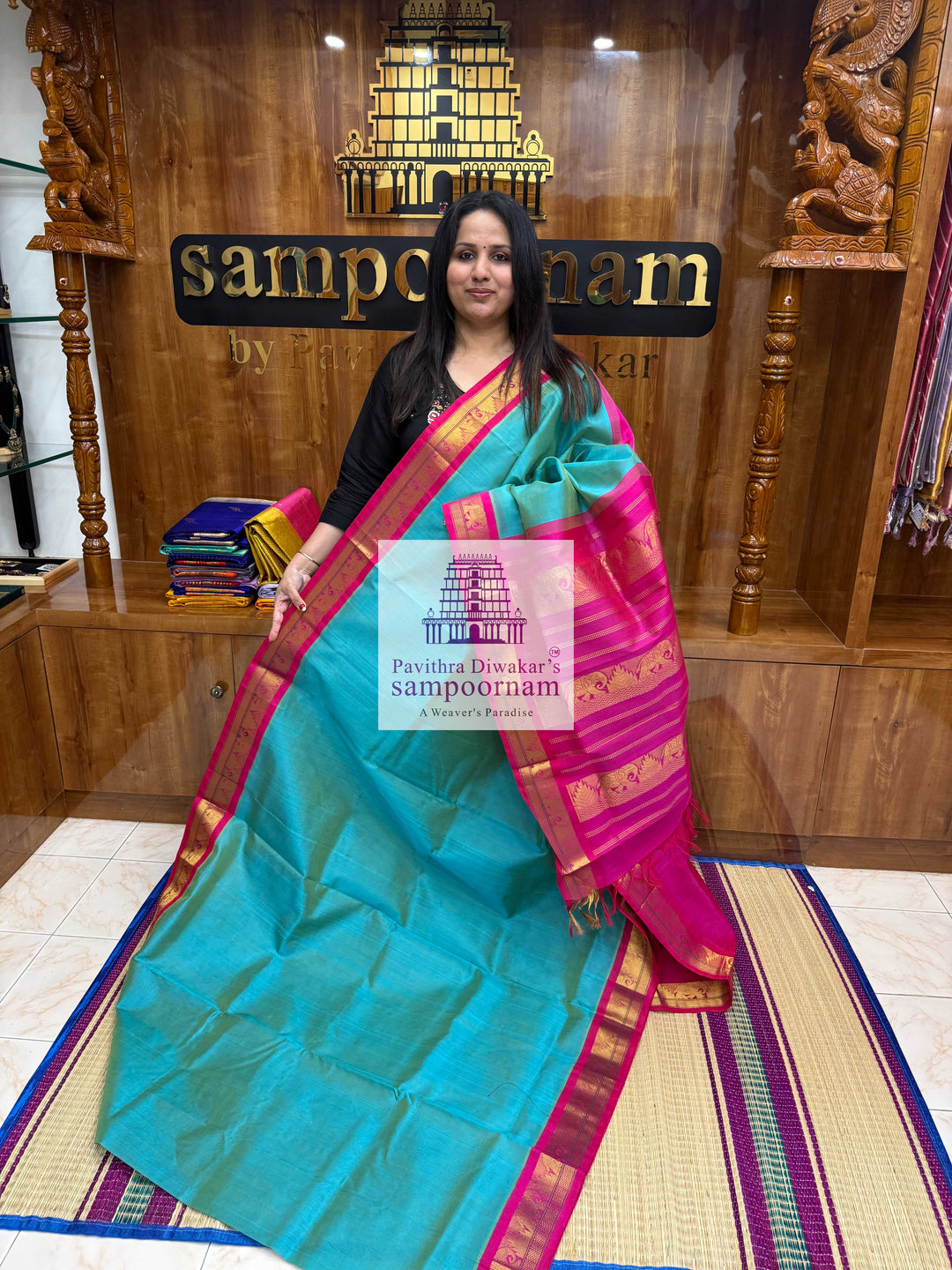 Double Shaded Ramar Green with Rani Pink , Traditional border and Rich Pallu Korvai Silk Cotton Saree